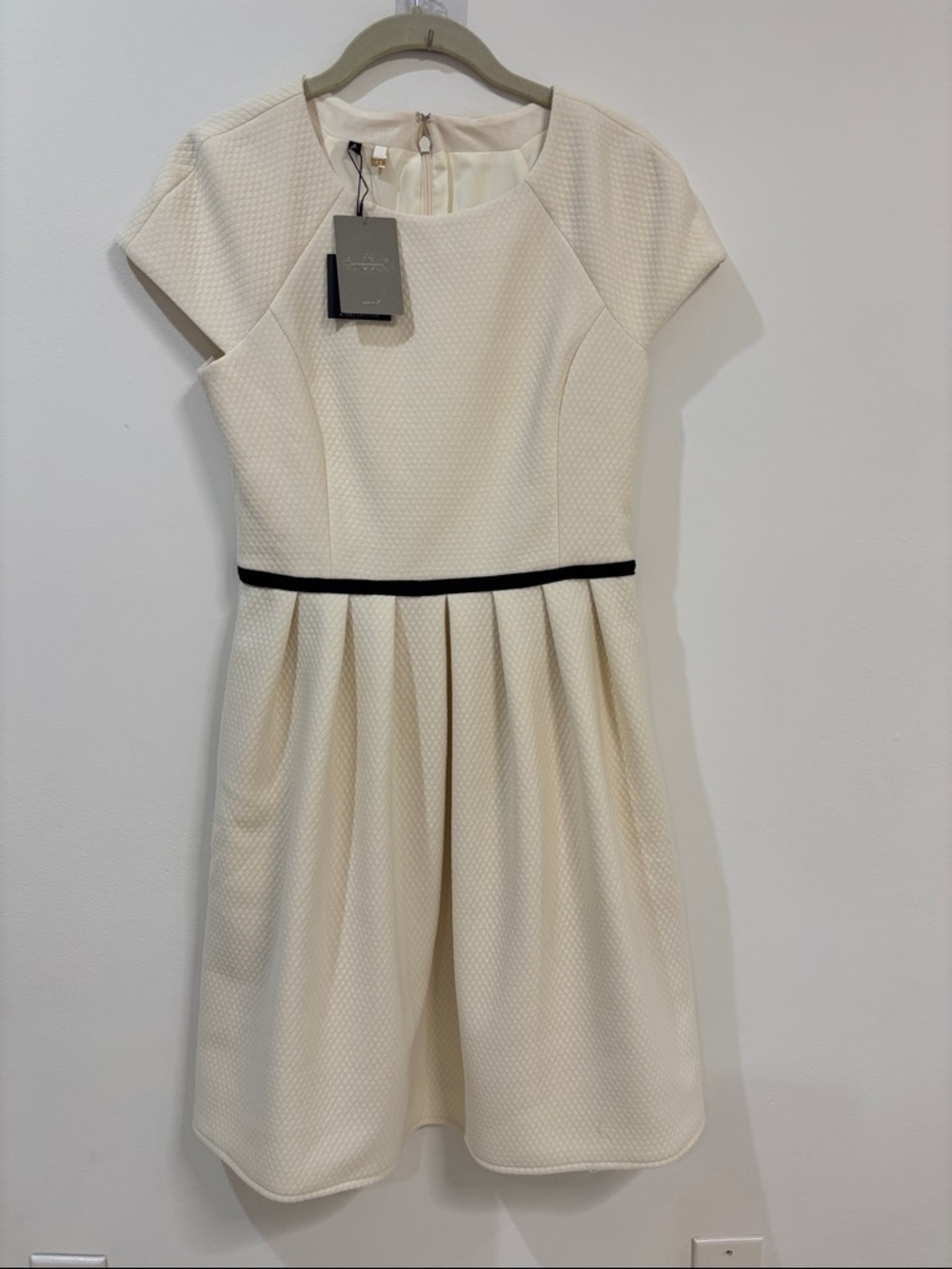 Anthropologie Cream Fit-and-Flare Dress with Black Waist Trim